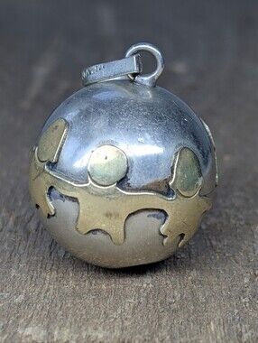 Vintage Mexican Alpaca Harmony Ball Pendant with Raised Brass Children